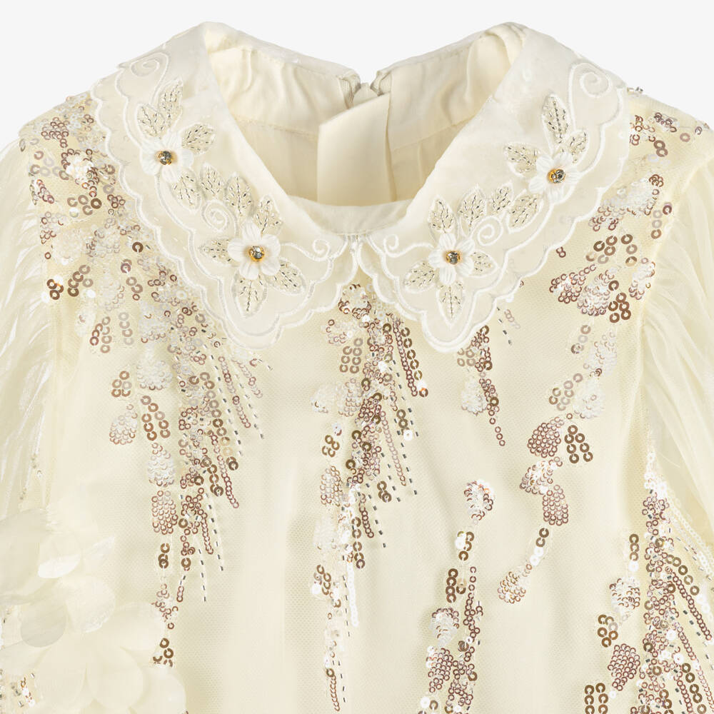 Junona-Girls Ivory Tulle Dress with Sequin & Floral Embellishments | Childrensalon Outlet