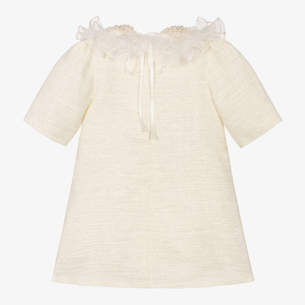 Junona-Girls Ivory Tweed & Pearl Collar Dress | Childrensalon Outlet