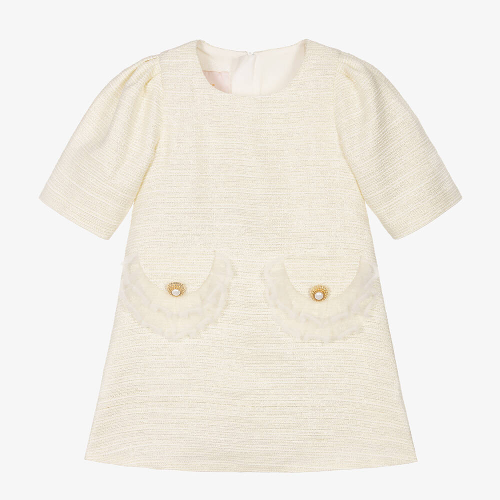 Junona-Girls Ivory Tweed & Pearl Collar Dress | Childrensalon Outlet