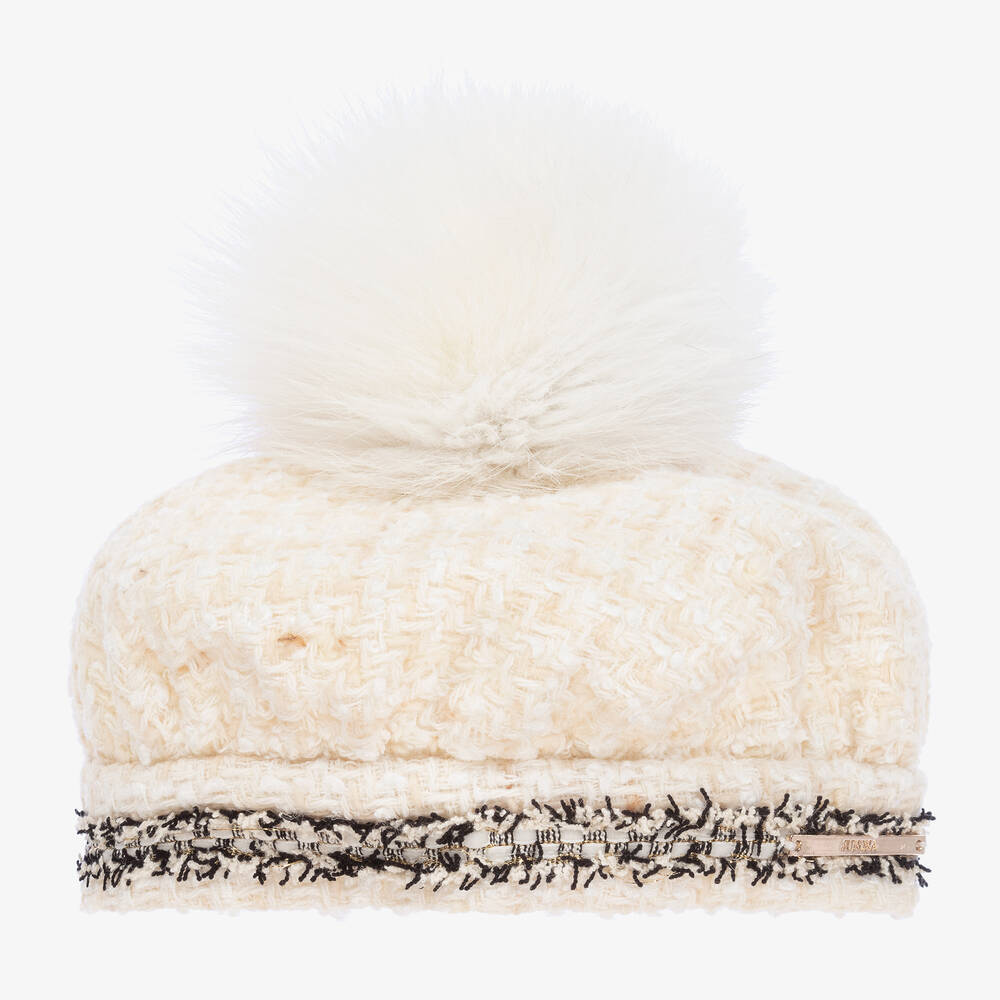 Junona - Girls Ivory Tweed Pom-Pom Beret | Childrensalon