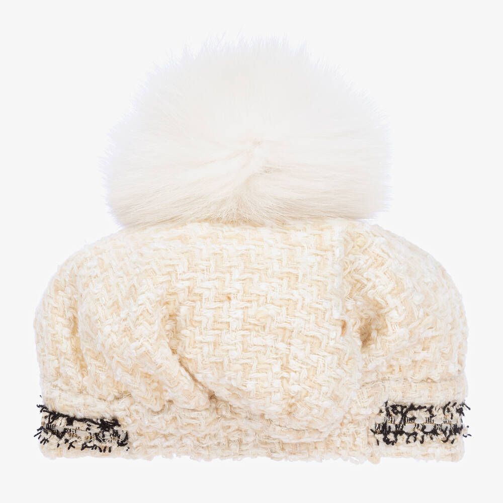 Junona-قبعة بيريه بوم-بوم مزيج صوف وتويد لون عاجي | Childrensalon Outlet