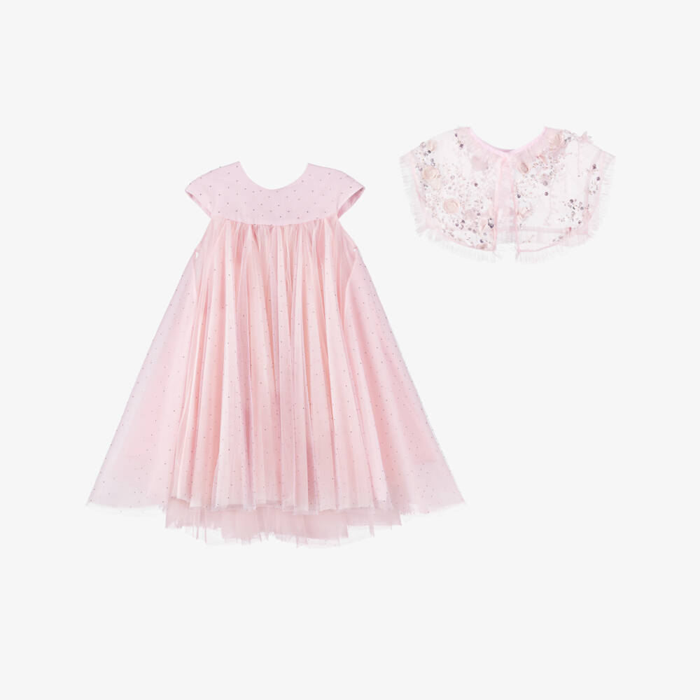 Junona-Girls Lilac Pink Tulle Dress with Beaded Collar | Childrensalon Outlet