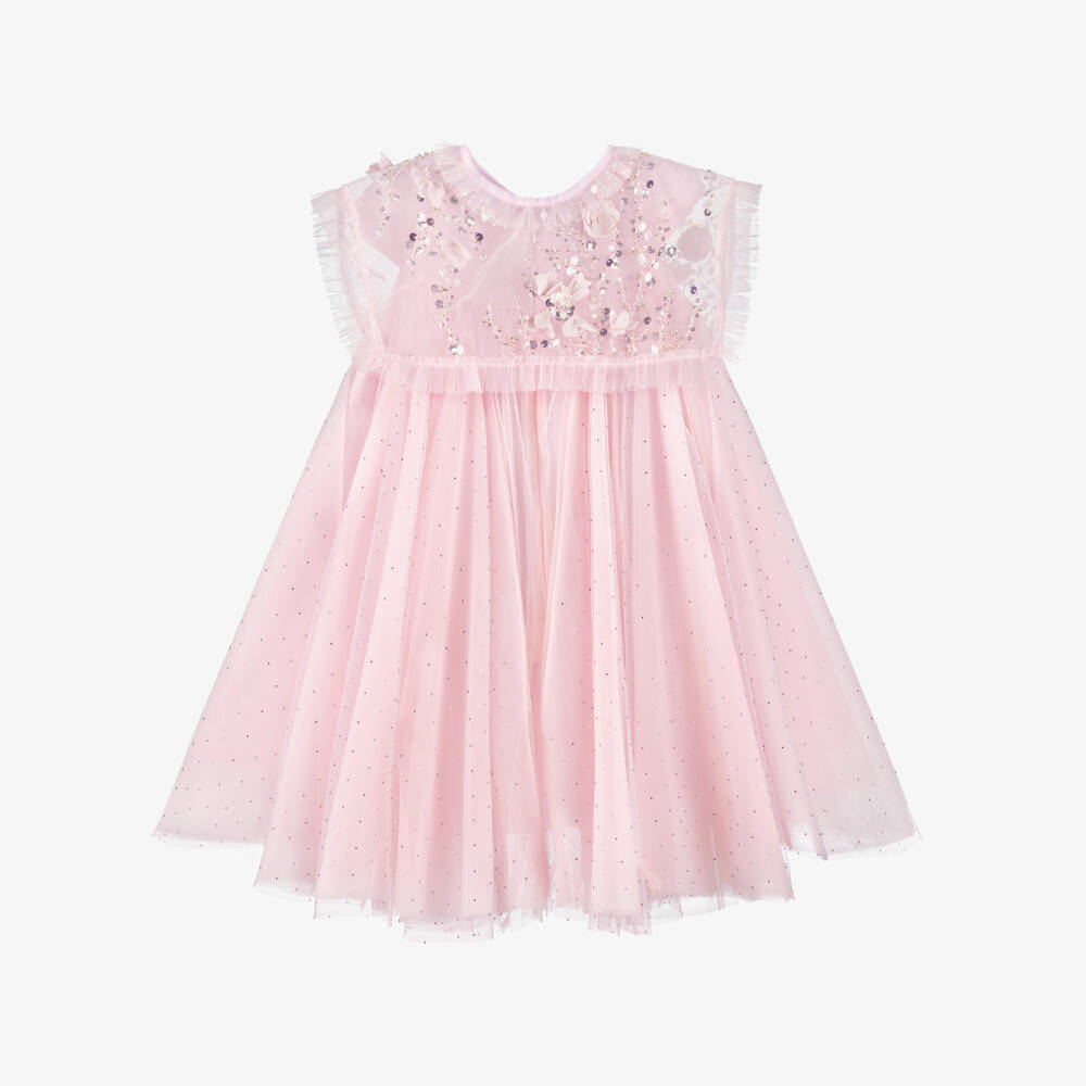 Junona-Girls Lilac Pink Tulle Dress with Beaded Collar | Childrensalon Outlet