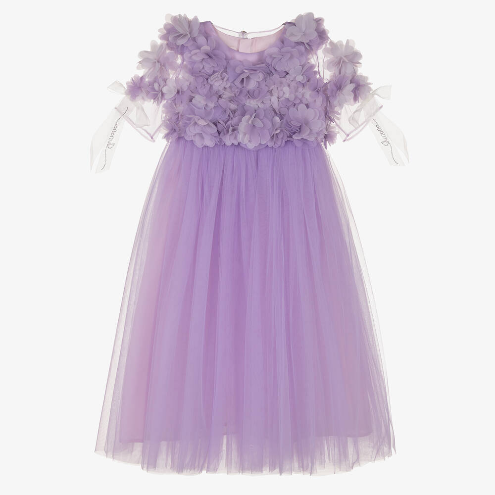 Junona - Girls Lilac Tulle & Flower Maxi Dress | Childrensalon