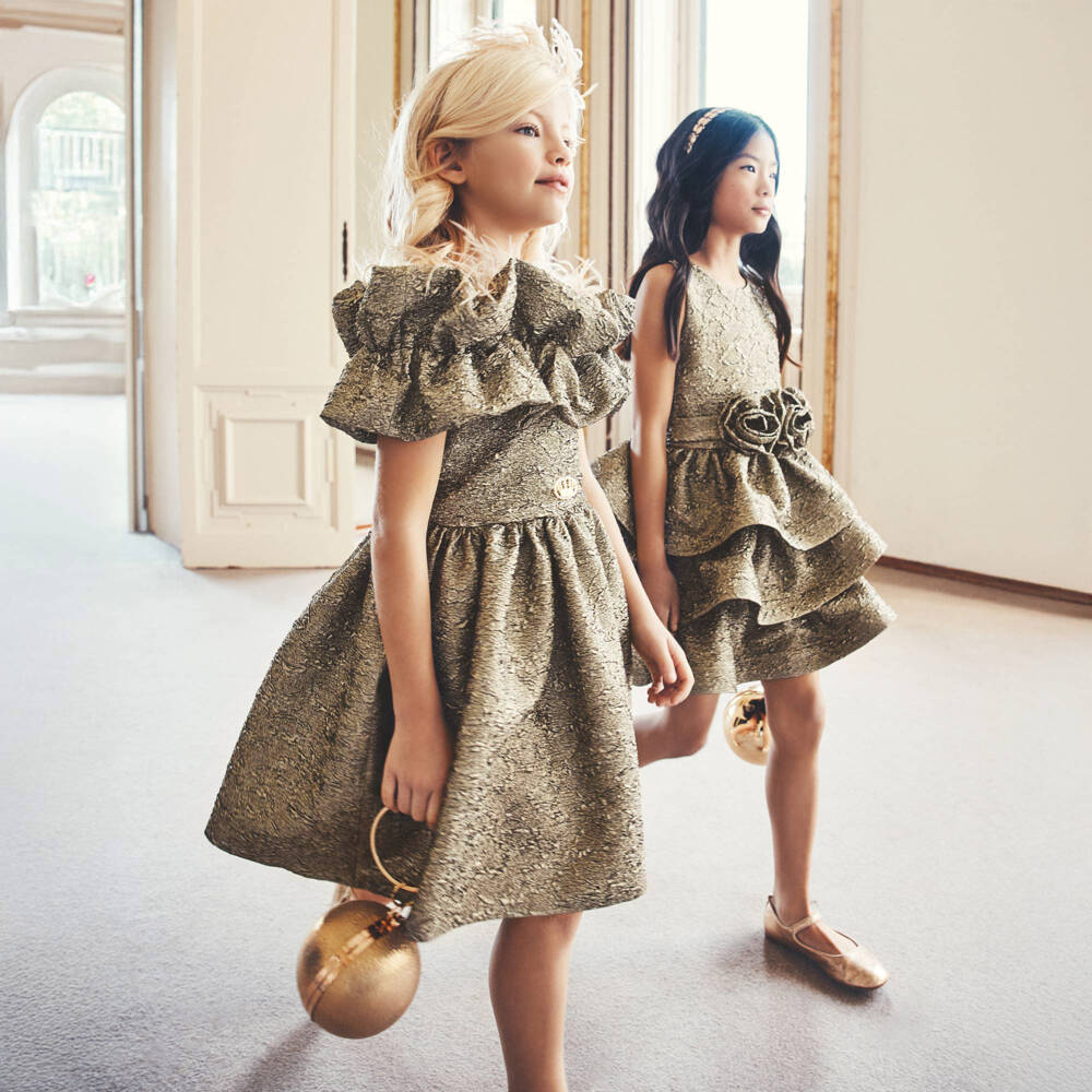 Junona-Girls Metallic Gold Ruffle Dress with Feather Trim | Childrensalon Outlet