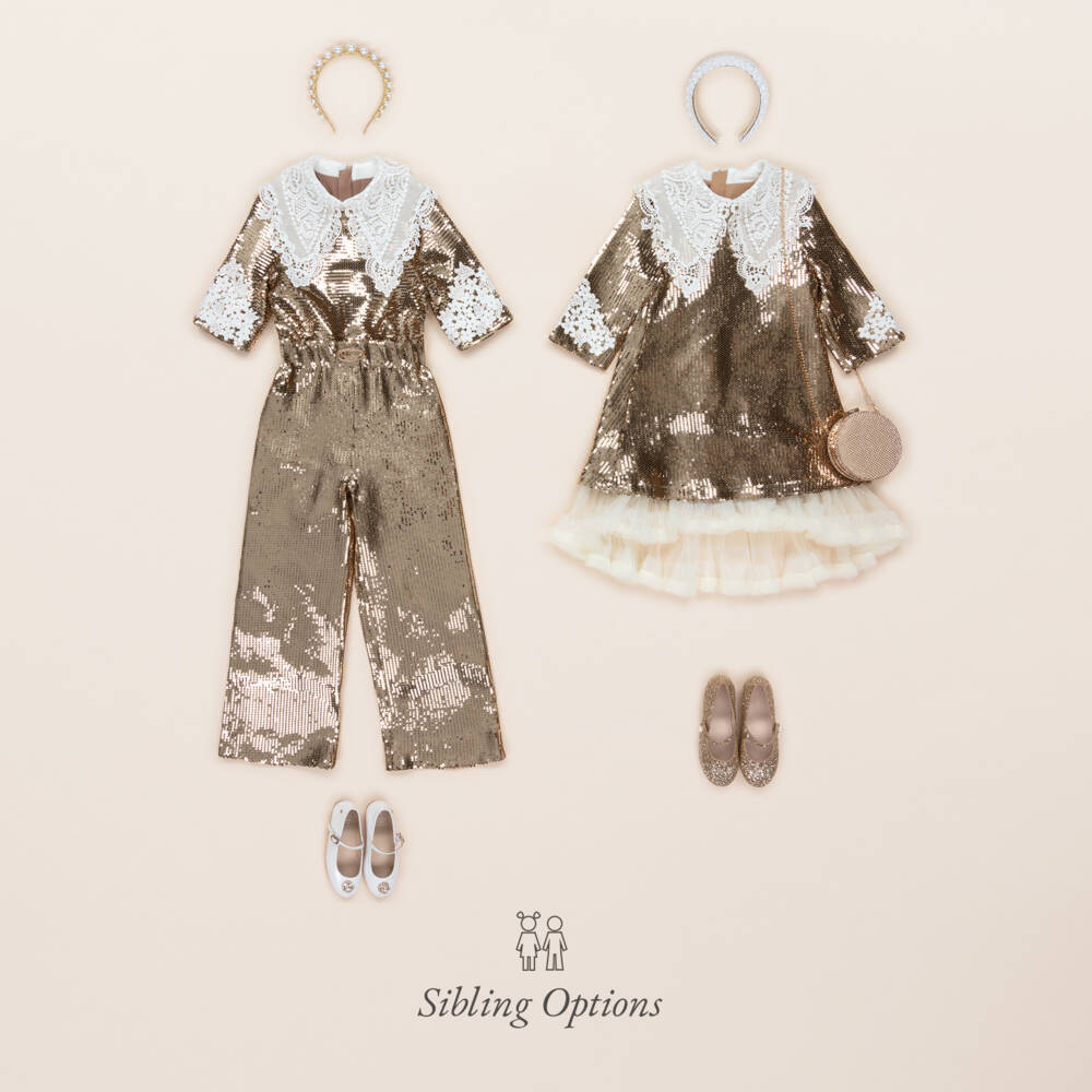 Junona-Girls Metallic Gold Sequinned Dress with Double Lace Collar | Childrensalon Outlet