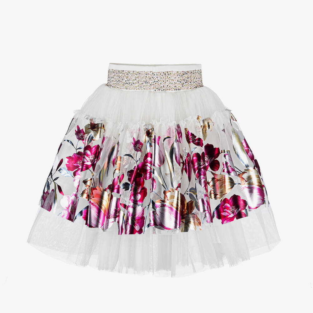Junona-Girls Metallic Pink Floral Tulle Skirt | Childrensalon Outlet