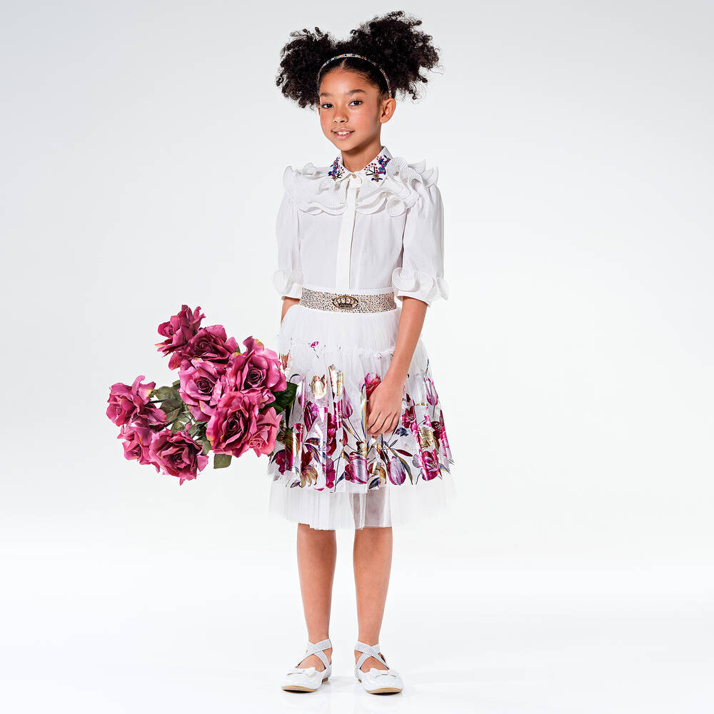 Junona-Girls Metallic Pink Floral Tulle Skirt | Childrensalon Outlet