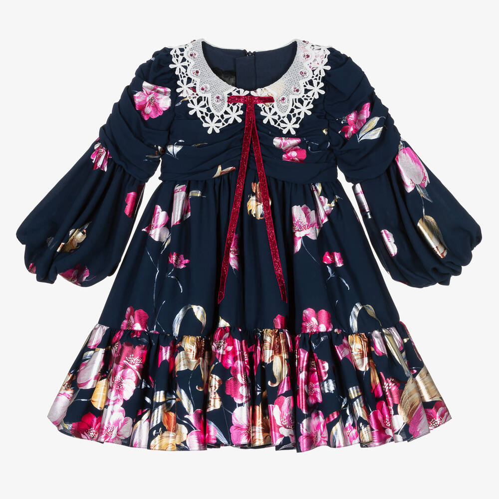 Junona - Girls Navy Blue Floral Chiffon Dress | Childrensalon