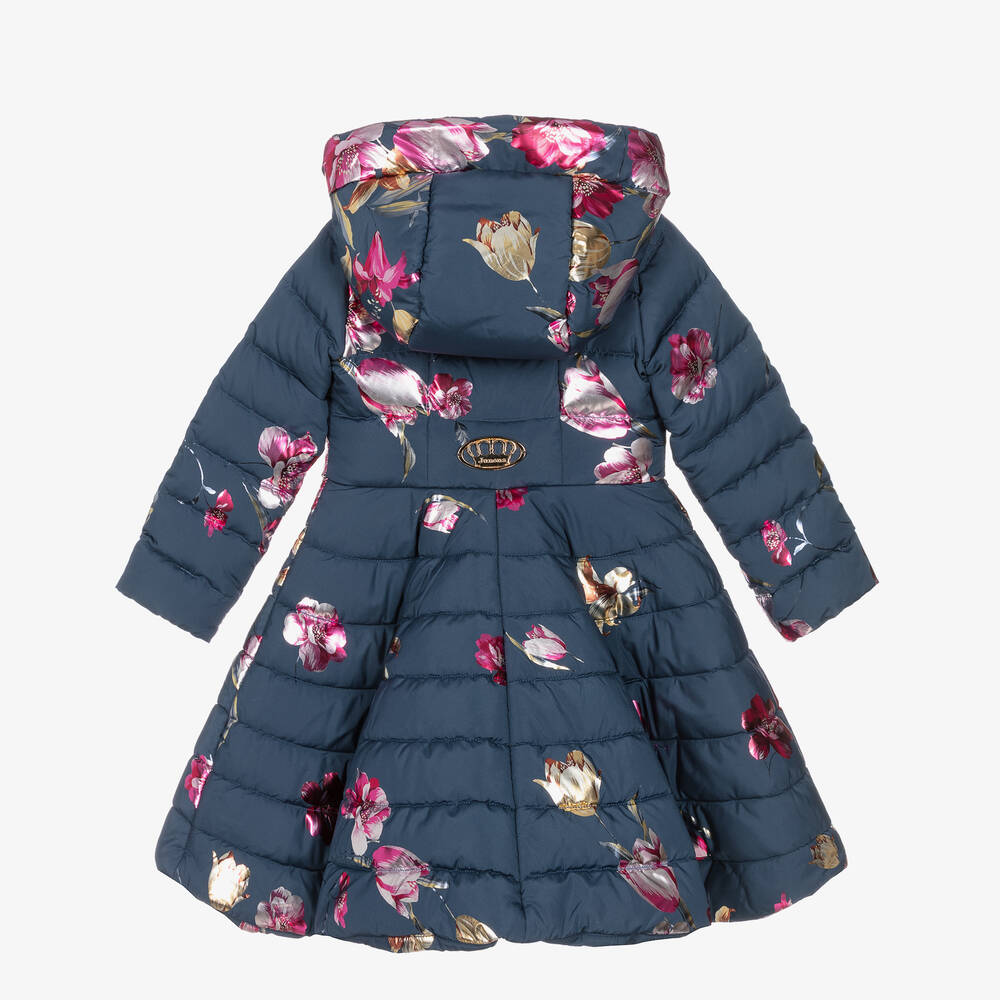 Junona-Girls Navy Blue Floral Down Puffer Coat | Childrensalon Outlet