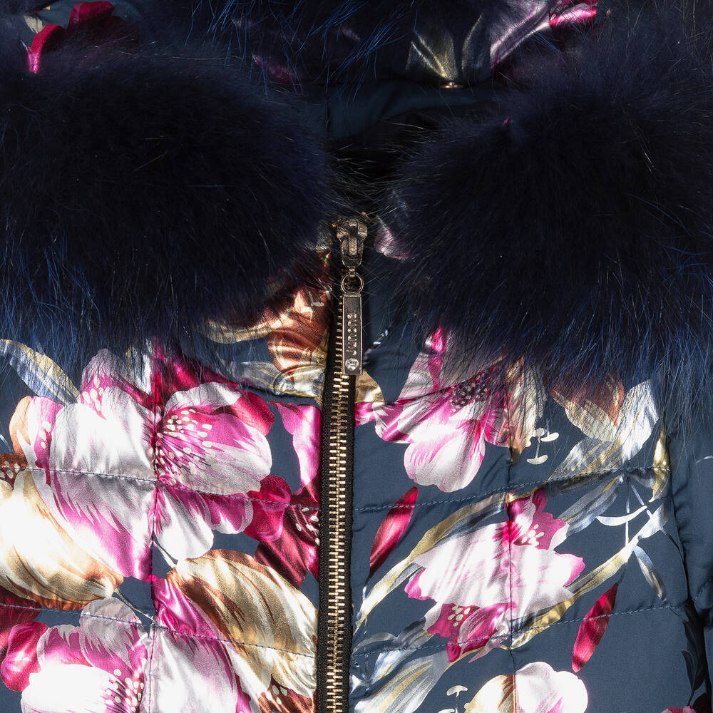 Junona-Girls Navy Blue Floral Down Puffer Coat | Childrensalon Outlet