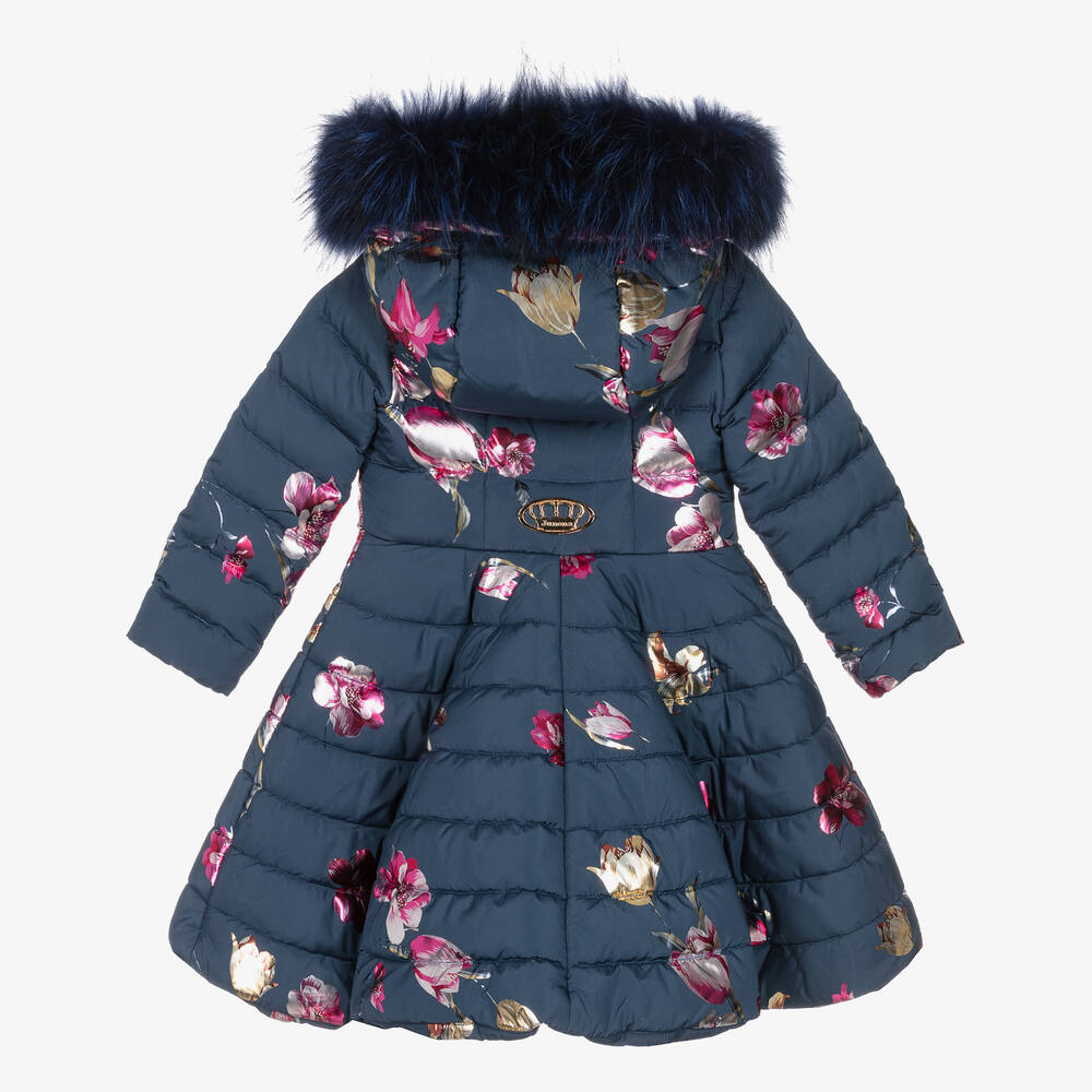 Junona-Girls Navy Blue Floral Down Puffer Coat | Childrensalon Outlet