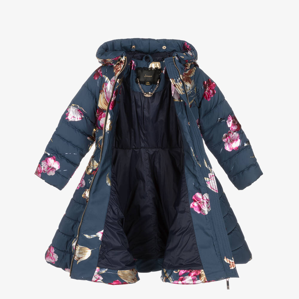 Junona-Girls Navy Blue Floral Down Puffer Coat | Childrensalon Outlet