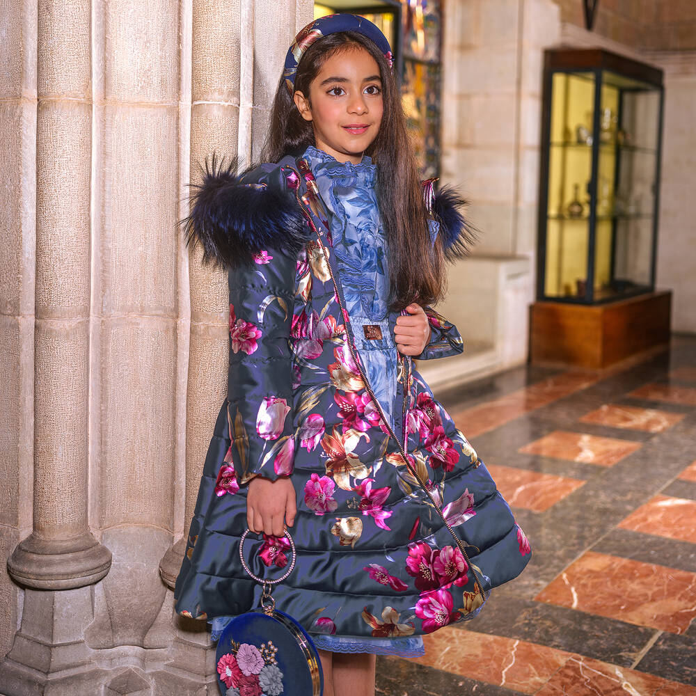 Junona-Girls Navy Blue Floral Down Puffer Coat | Childrensalon Outlet