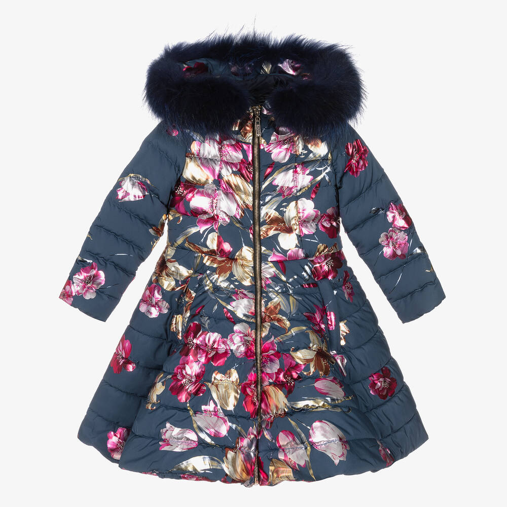 Junona - Girls Navy Blue Floral Down Puffer Coat | Childrensalon