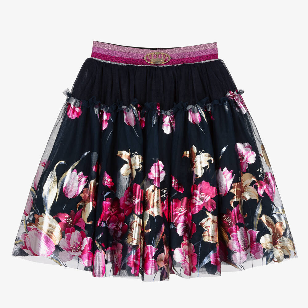 Junona - Girls Navy Blue Floral Tulle Skirt | Childrensalon