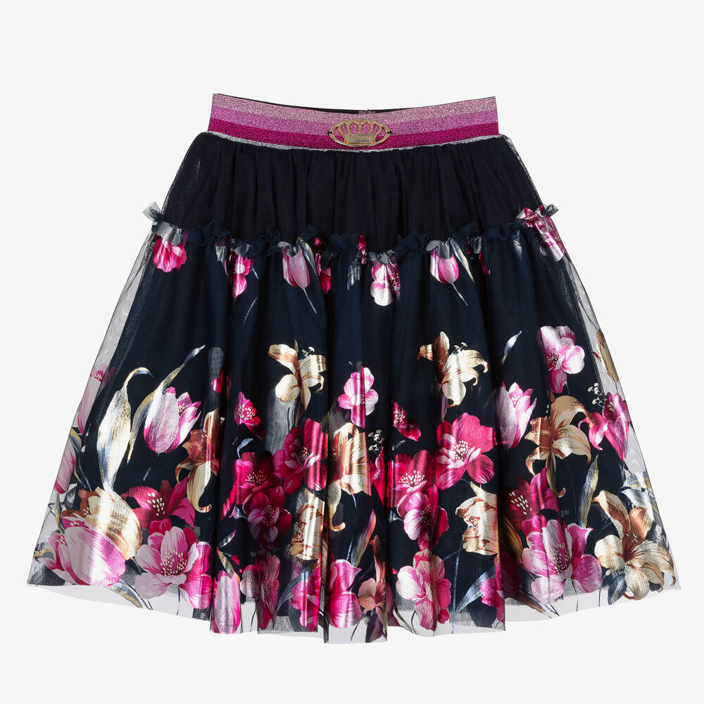 Junona-Girls Navy Blue Floral Tulle Skirt | Childrensalon Outlet