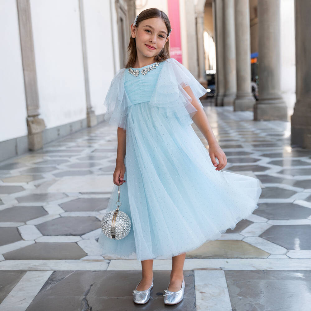 Junona-Girls Pale Blue Diamanté Tulle Dress | Childrensalon Outlet