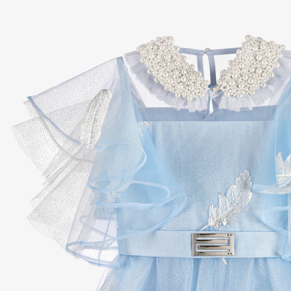 Junona-Girls Pale Blue Glitter Tulle Dress with Feather Motifs | Childrensalon Outlet