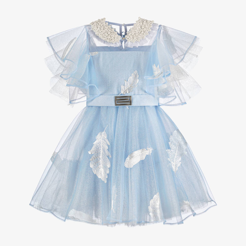 Junona-Girls Pale Blue Glitter Tulle Dress with Feather Motifs | Childrensalon Outlet