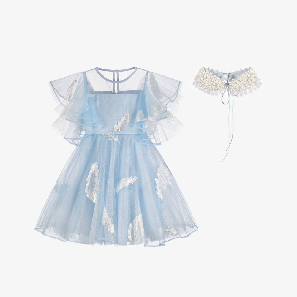 Junona-Girls Pale Blue Glitter Tulle Dress with Feather Motifs | Childrensalon Outlet