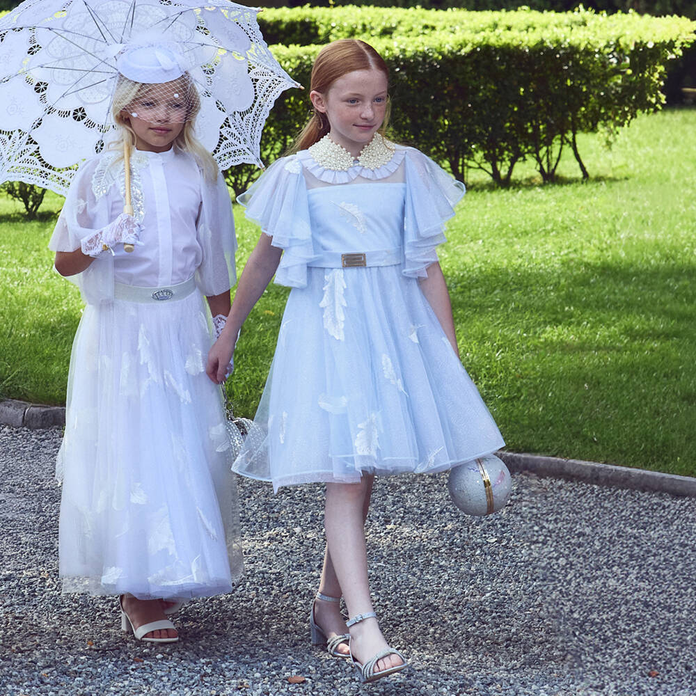Junona-Girls Pale Blue Glitter Tulle Dress with Feather Motifs | Childrensalon Outlet
