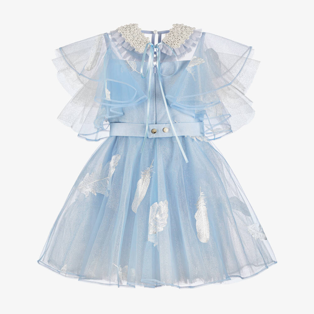 Junona-Girls Pale Blue Glitter Tulle Dress with Feather Motifs | Childrensalon Outlet