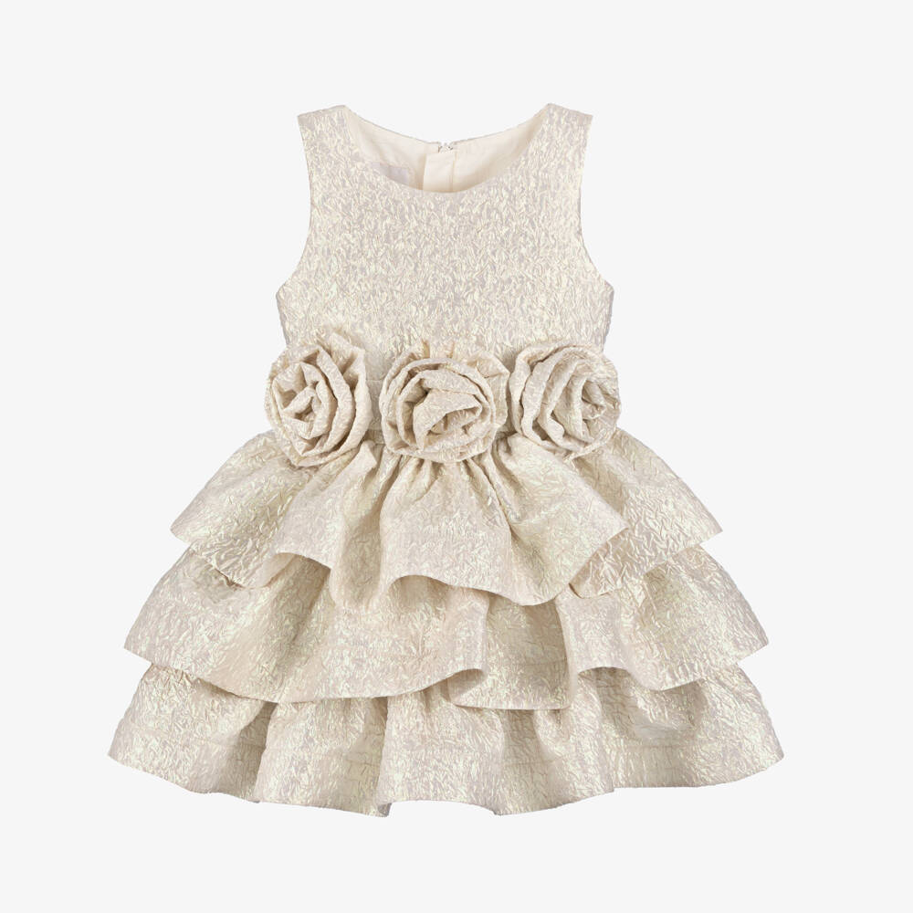 Junona-Girls Pale Gold Tiered Dress with Floral Appliqué Belt | Childrensalon Outlet