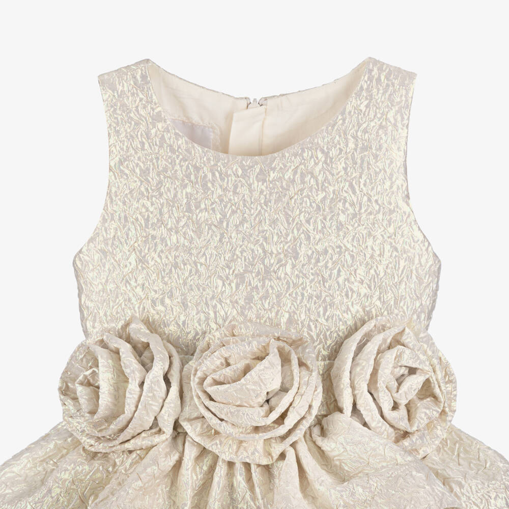 Junona-Girls Pale Gold Tiered Dress with Floral Appliqué Belt | Childrensalon Outlet