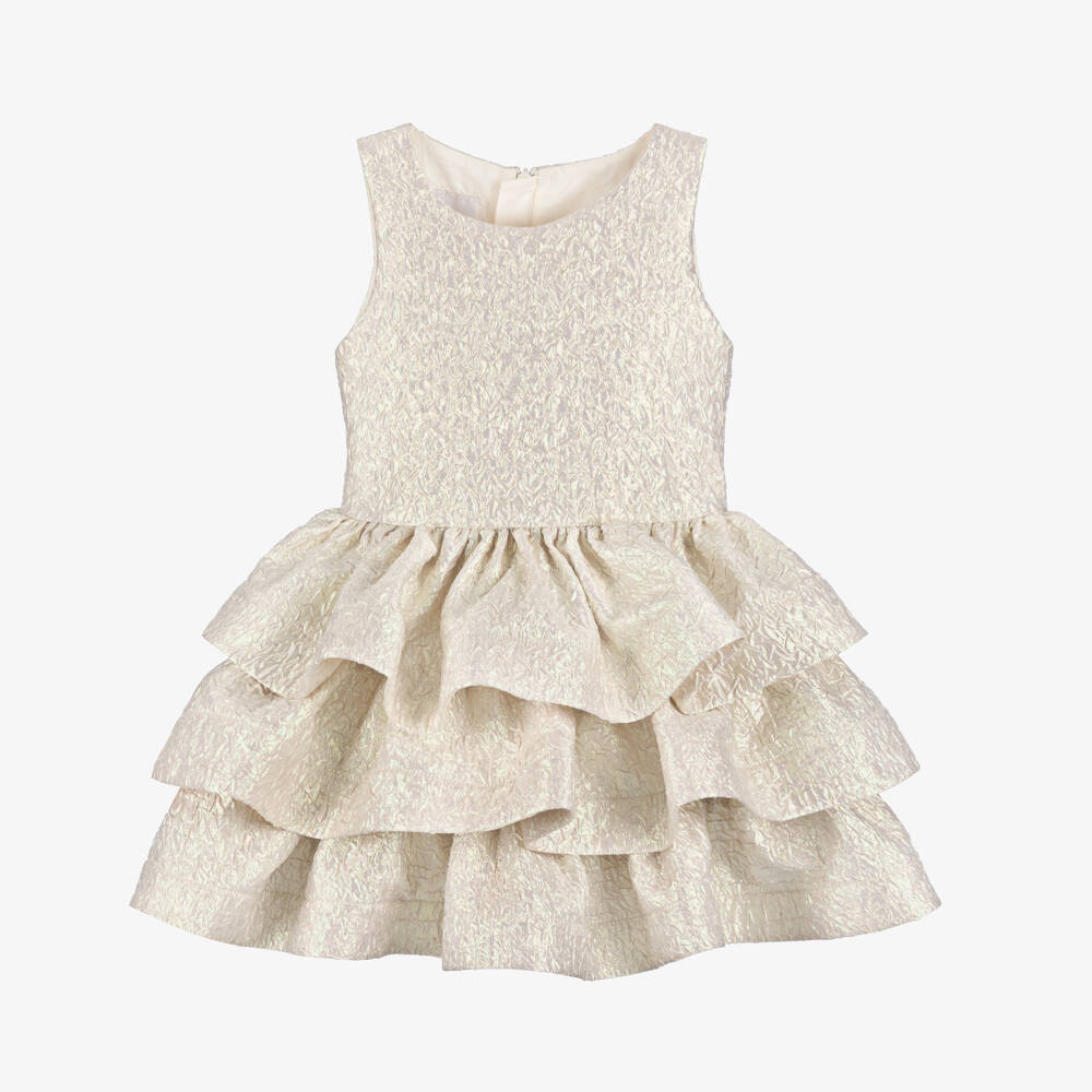 Junona-Girls Pale Gold Tiered Dress with Floral Appliqué Belt | Childrensalon Outlet