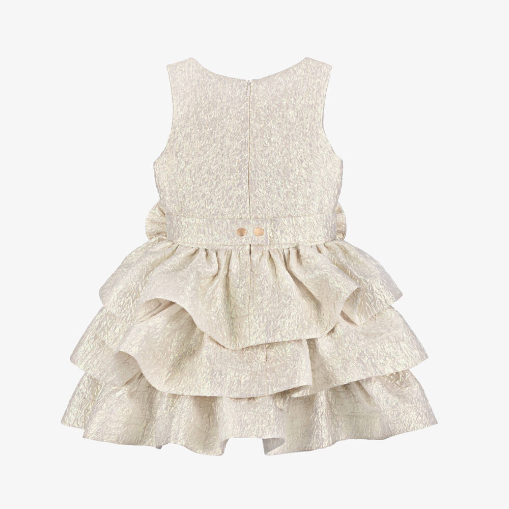 Junona-Girls Pale Gold Tiered Dress with Floral Appliqué Belt | Childrensalon Outlet