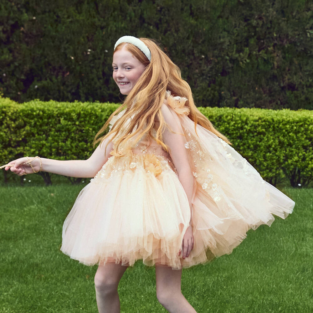 Junona-Girls Pale Peach Cape Dress Embellished with Sequins & Pearls | Childrensalon Outlet