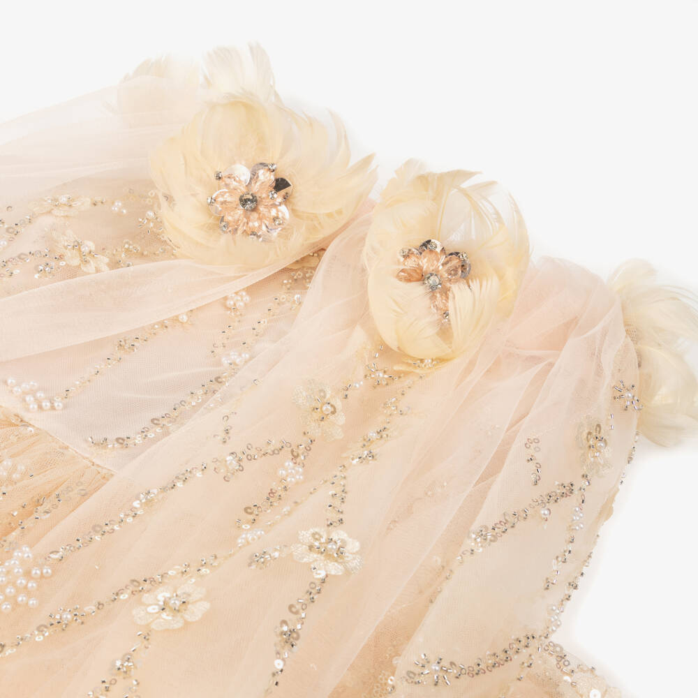 Junona-Girls Pale Peach Cape Dress Embellished with Sequins & Pearls | Childrensalon Outlet