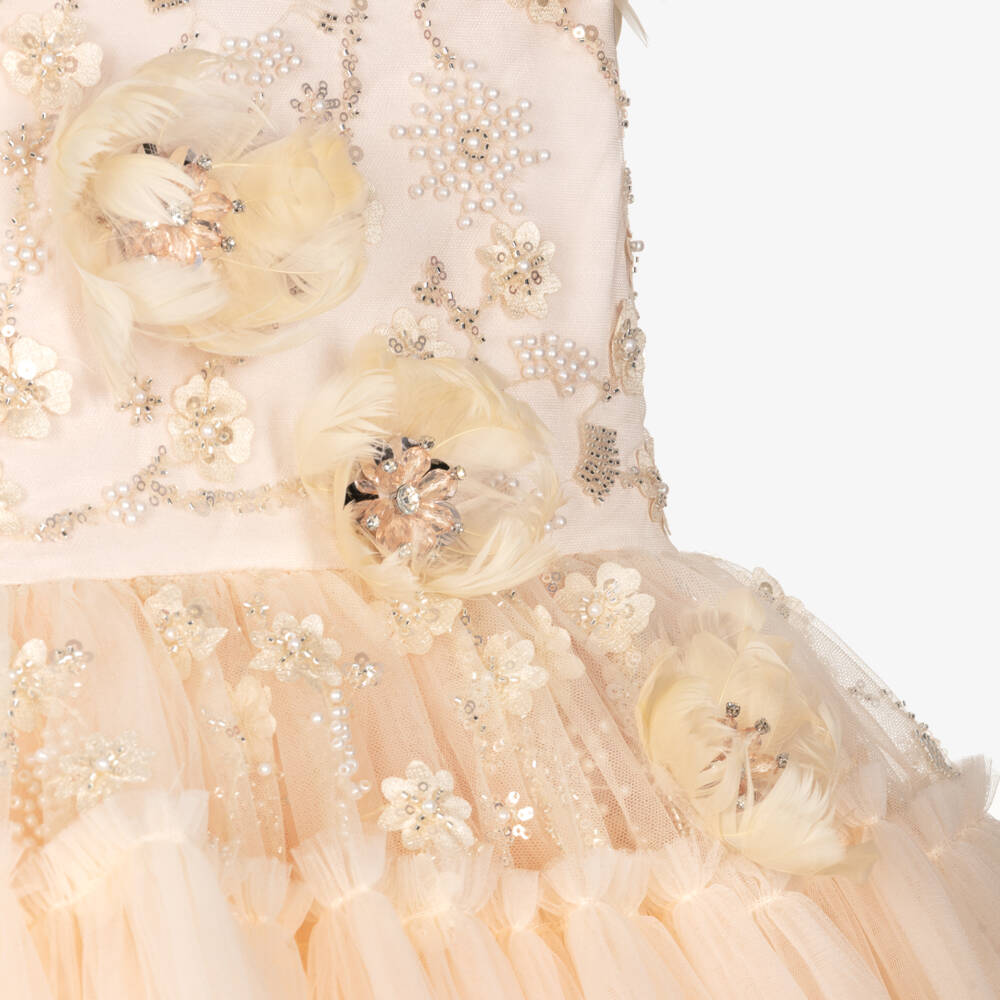 Junona-Girls Pale Peach Cape Dress Embellished with Sequins & Pearls | Childrensalon Outlet
