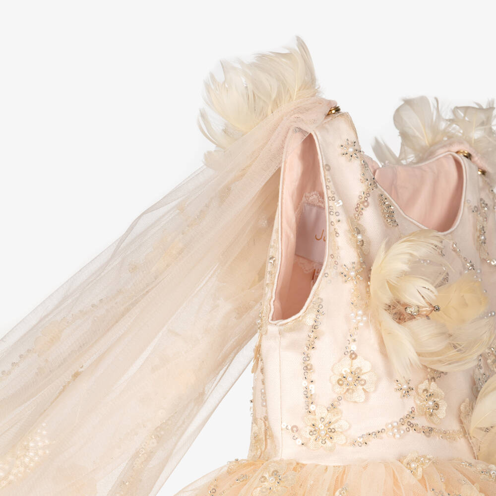 Junona-Girls Pale Peach Cape Dress Embellished with Sequins & Pearls | Childrensalon Outlet