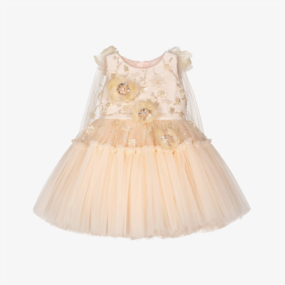 Junona-Girls Pale Peach Cape Dress Embellished with Sequins & Pearls | Childrensalon Outlet