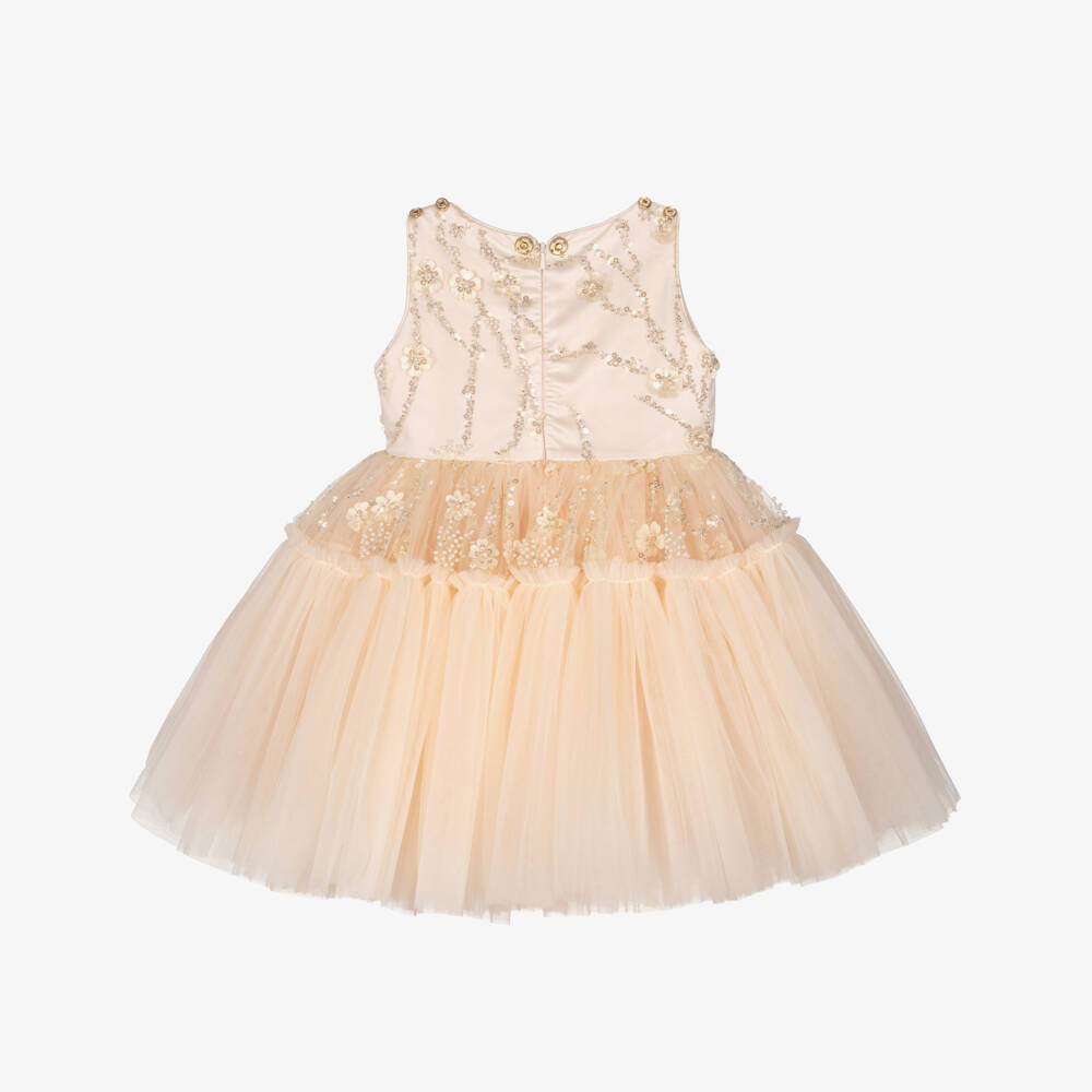 Junona-Girls Pale Peach Cape Dress Embellished with Sequins & Pearls | Childrensalon Outlet