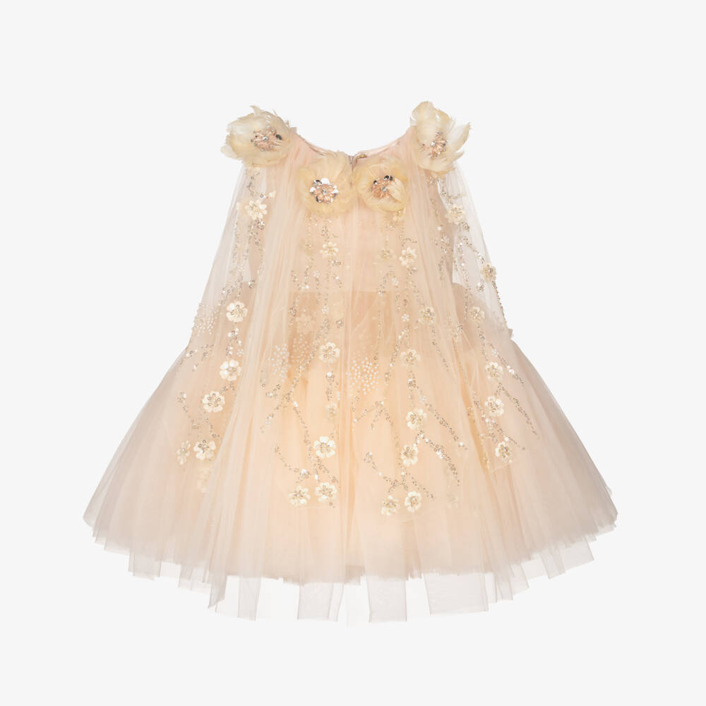 Junona-Girls Pale Peach Cape Dress Embellished with Sequins & Pearls | Childrensalon Outlet