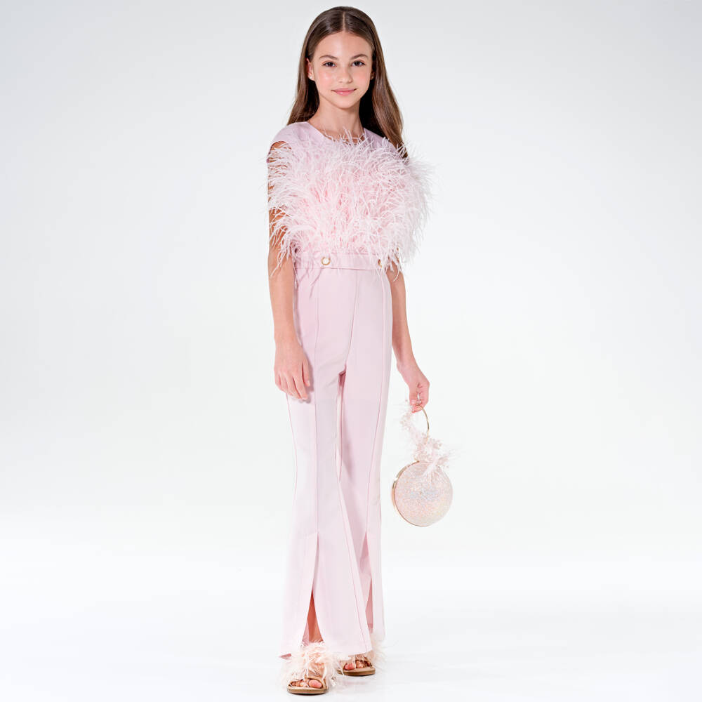 Junona-Girls Pale Pink Feather Jumpsuit | Childrensalon Outlet
