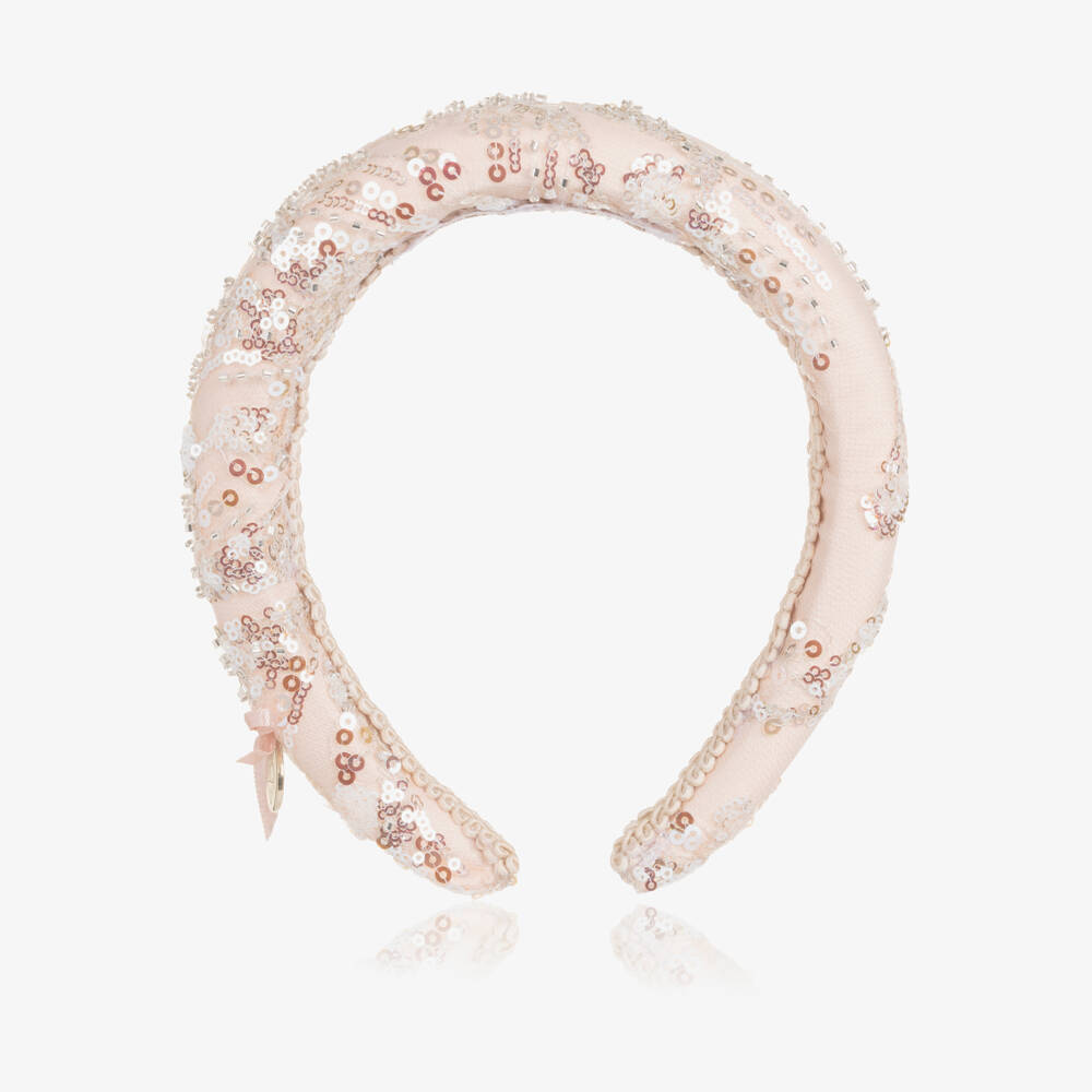 Junona-Girls Pale Pink Padded Hairband with Silver Sequins | Childrensalon Outlet
