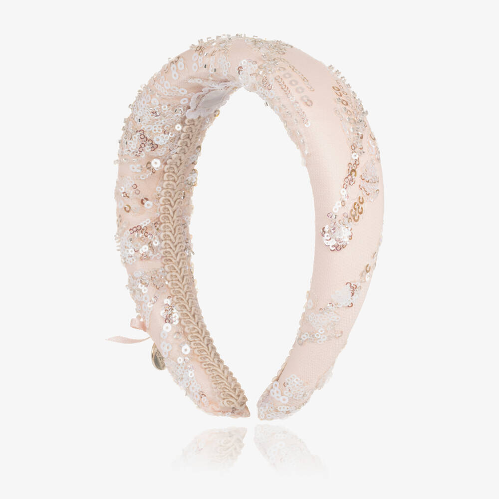 Junona-Girls Pale Pink Padded Hairband with Silver Sequins | Childrensalon Outlet