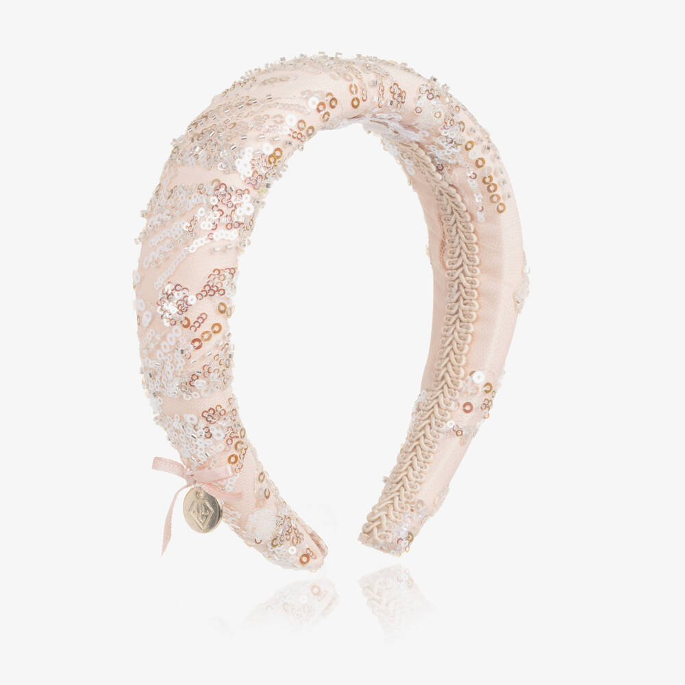 Junona-Girls Pale Pink Padded Hairband with Silver Sequins | Childrensalon Outlet
