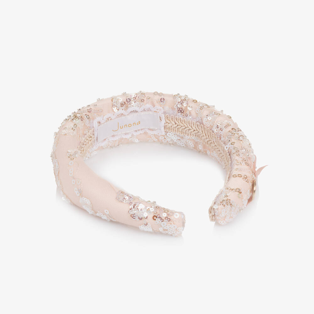 Junona-Girls Pale Pink Padded Hairband with Silver Sequins | Childrensalon Outlet