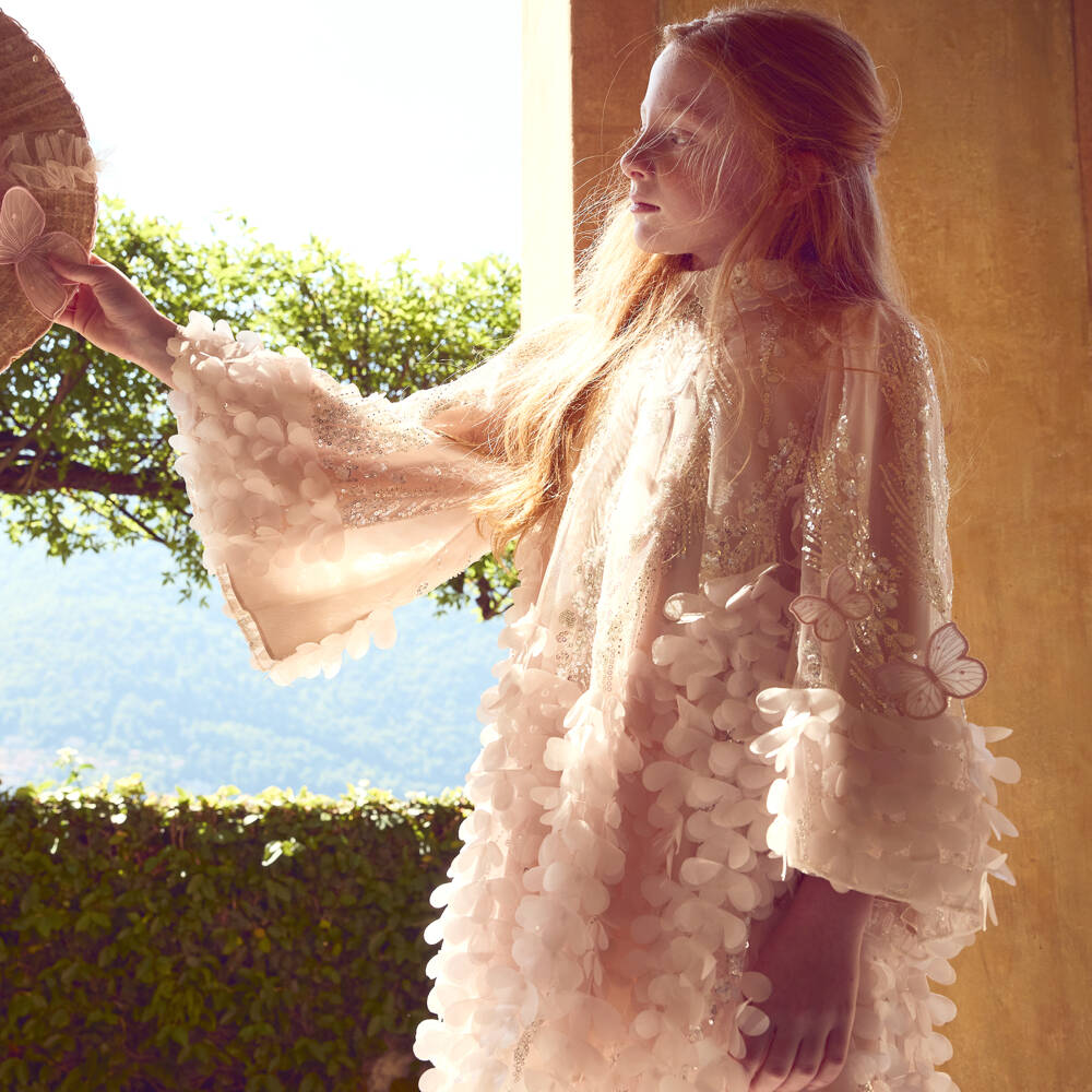 Junona-Girls Pale Pink Sequin Tulle Dress with Florals & Butterflies | Childrensalon Outlet