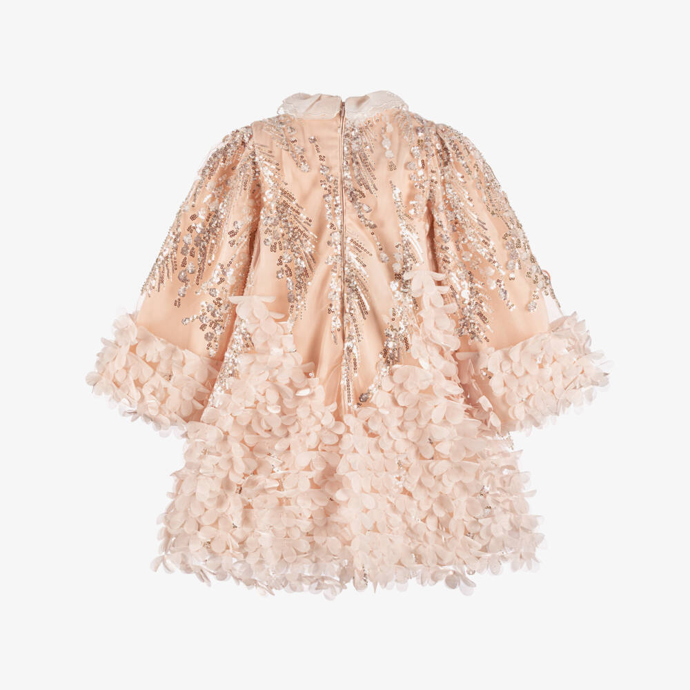 Junona-Girls Pale Pink Sequin Tulle Dress with Florals & Butterflies | Childrensalon Outlet