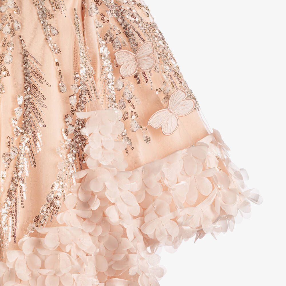Junona-Girls Pale Pink Sequin Tulle Dress with Florals & Butterflies | Childrensalon Outlet