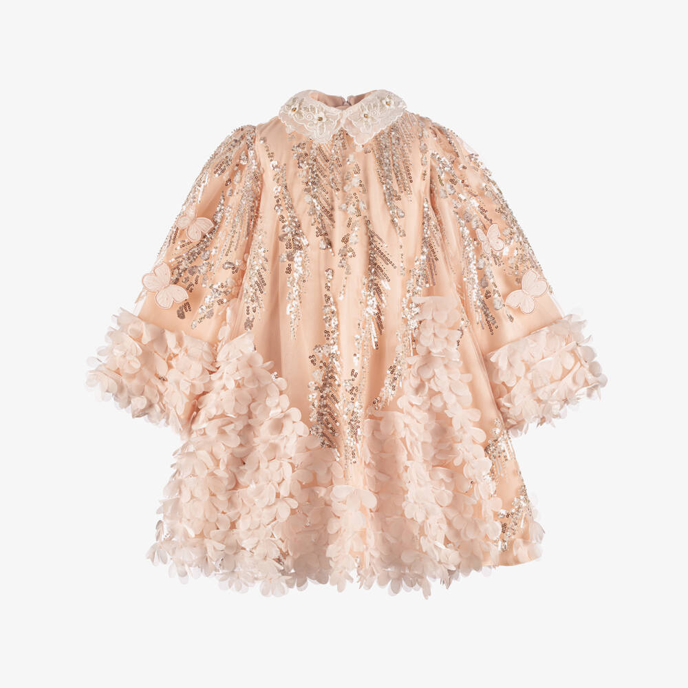 Junona-Girls Pale Pink Sequin Tulle Dress with Florals & Butterflies | Childrensalon Outlet