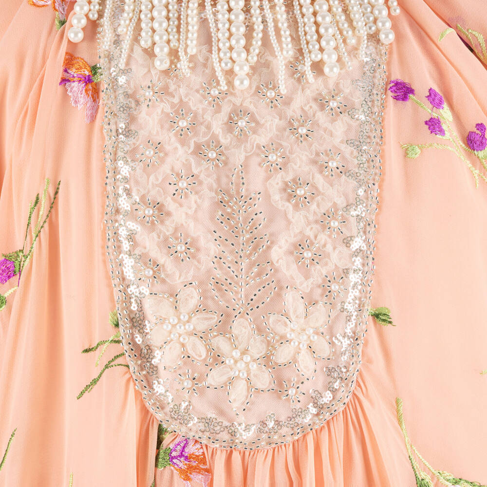 Junona-Girls Peach Chiffon Maxi Dress with Embroidered Florals | Childrensalon Outlet