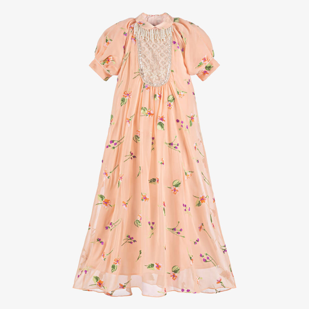 Junona-Girls Peach Chiffon Maxi Dress with Embroidered Florals | Childrensalon Outlet
