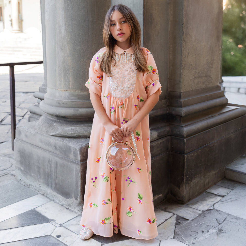 Junona-Girls Peach Chiffon Maxi Dress with Embroidered Florals | Childrensalon Outlet